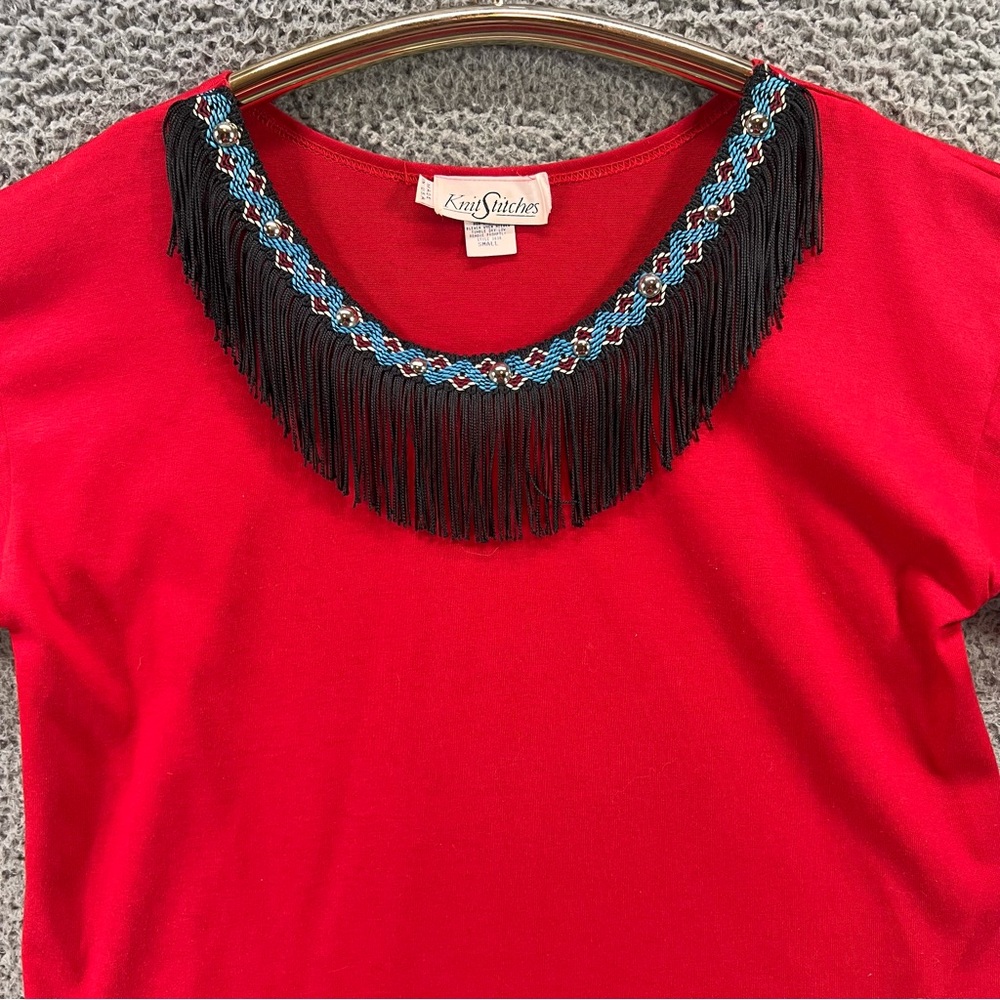 Vtg Western Red Fringe Boho T-Shirt Western Small/Medium 80s 90s Turquoise Rodeo